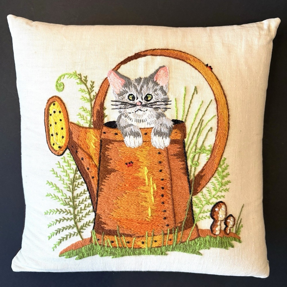 Vintage Cat Watering Can Mushroom Crewel‎ Embroidered Pillow Retro Handmade READ